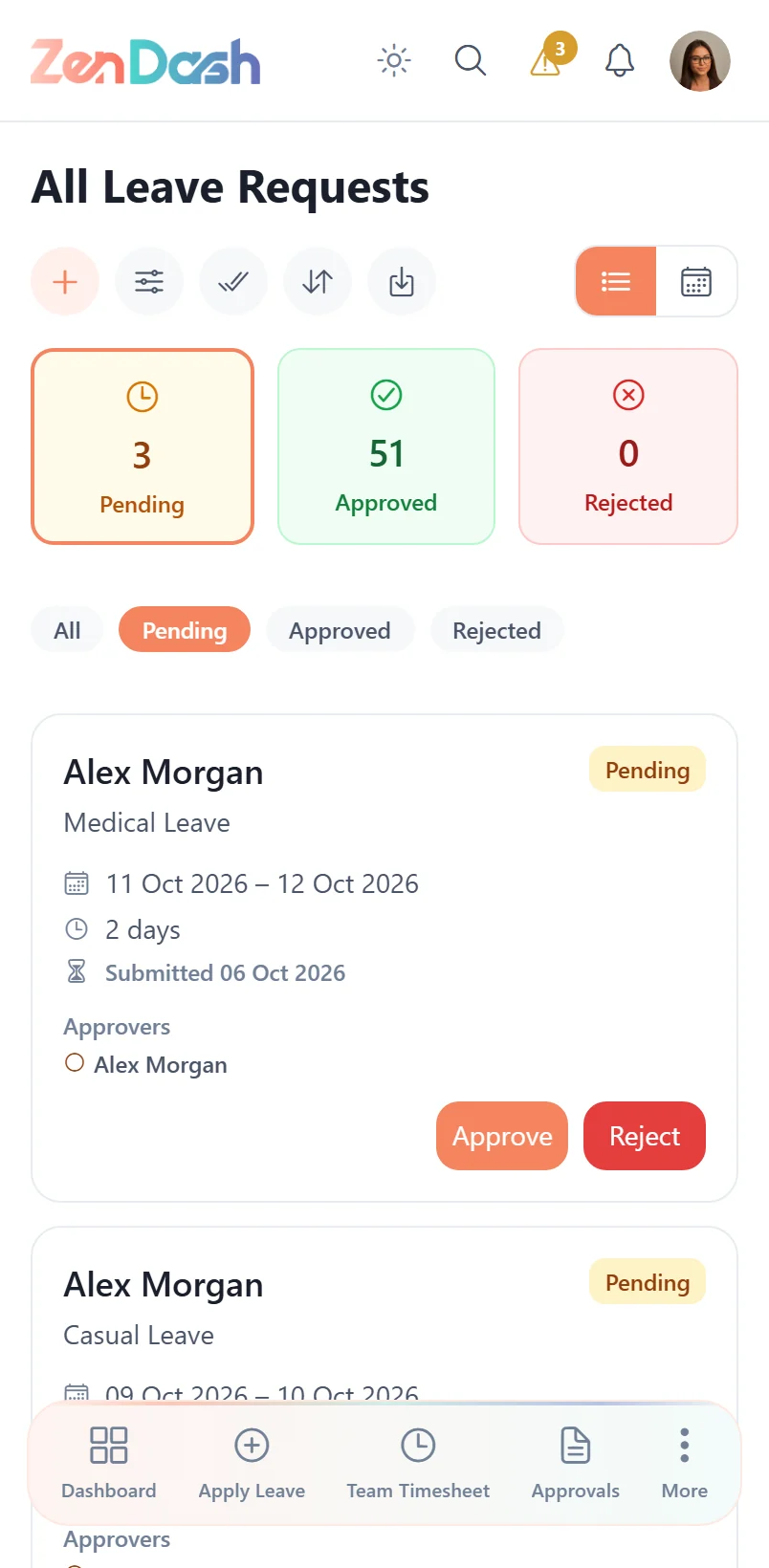 Approve leave requests on the ZenDash mobile app