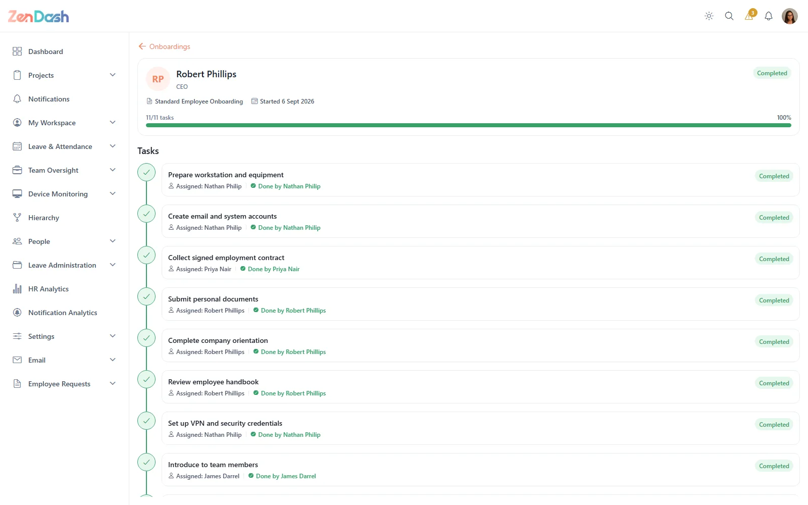 Onboarding progress in ZenDash