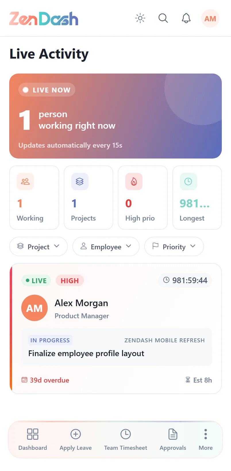 Live project activity on the ZenDash mobile app